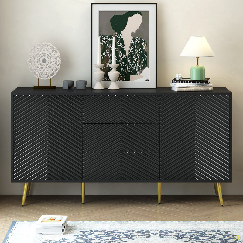 Buffet moderne avec des lignes géométriques, des pieds coniques en métal et des tiroirs centraux pour un rangement élégant, idéal pour le bureau, le vestibule et le salon