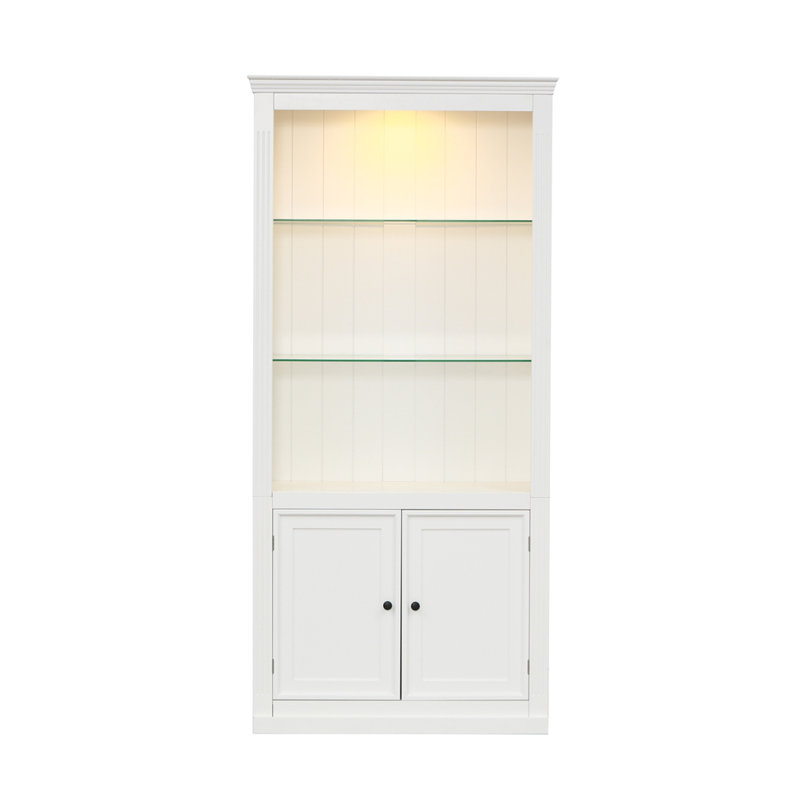 Présentoir à 4 niveaux avec rangement et portes, Blanc