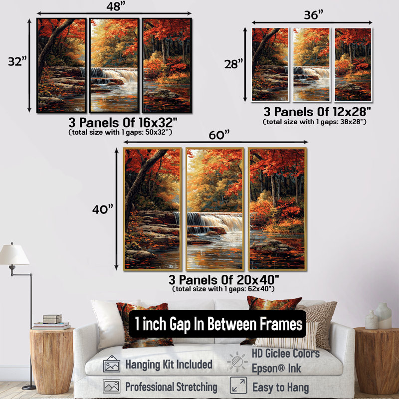 «Orange Autumn Mountain Waterfall Long View III - Waterfall», ensemble de reproduction d'art mural