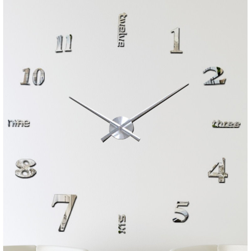 Oversized Odilia Luxury DIY Wall Clock - Silver Acrylic Arabic and English Numbers - 120cm
