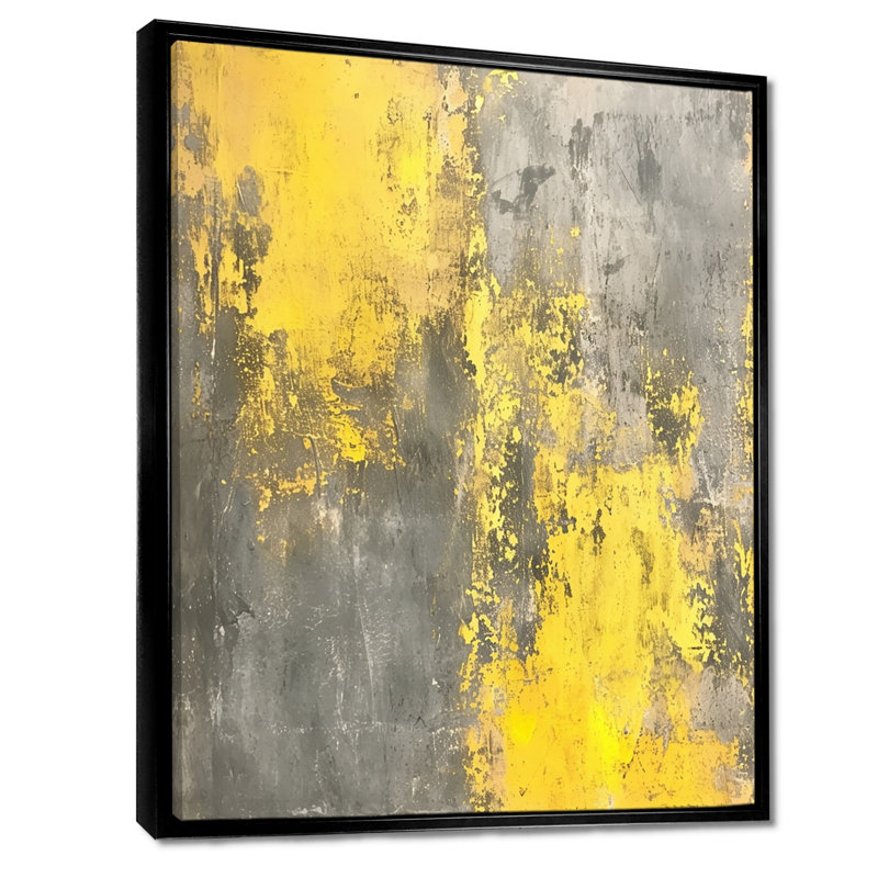 Vibrantechoes en jaune et gris - impression d'art abstrait mural, Cadre flottant noir, H 32 po x l 16 po x P 1 po