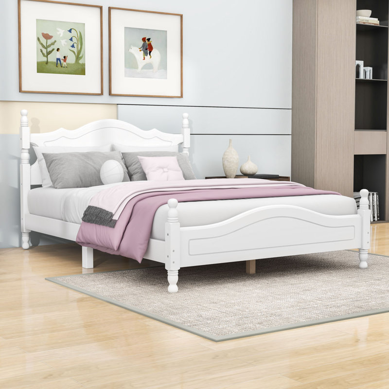 Lit plateforme en bois avec tête de lit et lattes robustes, design rétro, Double, Blanc