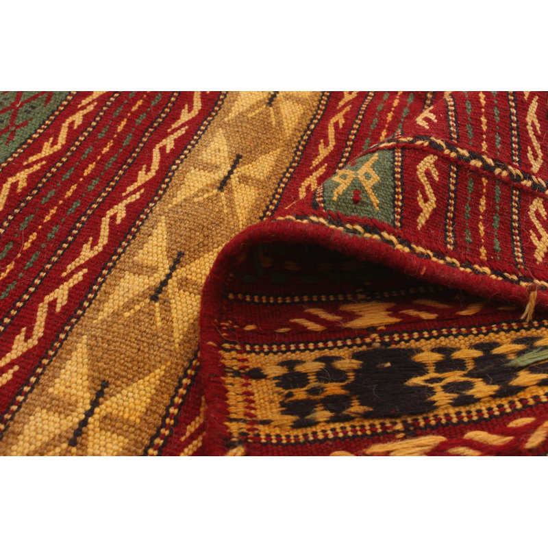 Tapis rouge foncé / jaune en laine fabriqué à la main Kilim