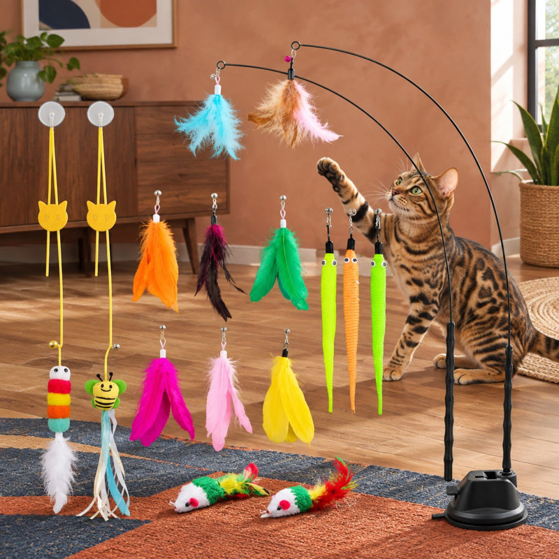 Pour le jeu et l'exercice à l'intérieur, cet ensemble de 15 pièces de baguette pour chat et de plumes offre 2 modes de jeu et une ventouse réutilisable.