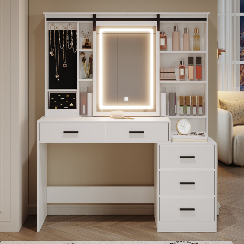 Dressing Table with Adjustable LED Lights, Removable Large Mirror, with Jewellery Storage, Open Shelves, 5 Drawers, with Beside table, for Bedroom