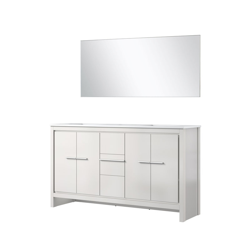 Meuble-lavabo double l 60 po x P 20 po, comptoir en quartz, robinet et miroir de 55 po, Blanc