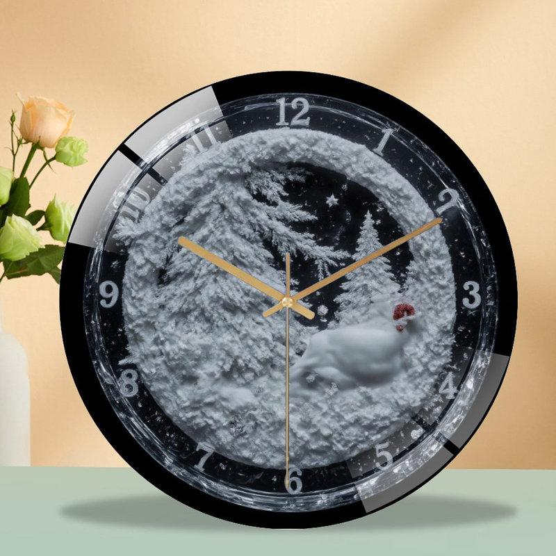 Horloge-hiver-scène-père-chapeau-lapin - horloge murale moderne en verre 12 po