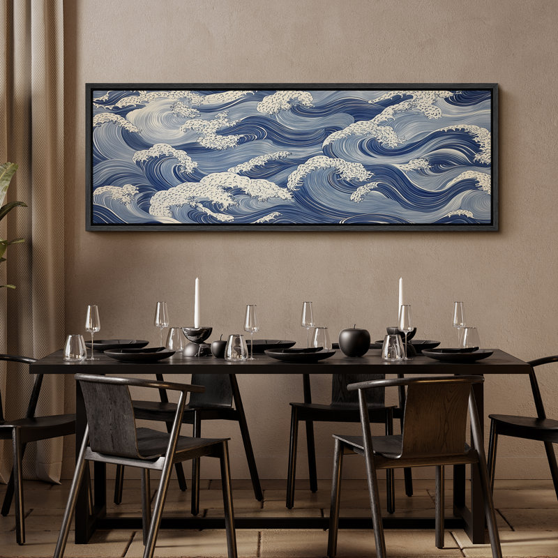 Abstract Blue Ocean Waves - Oversized Framed Wall Decorations Canvas Print, Black, 20" H x 60" W