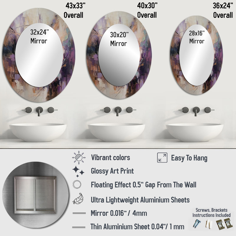 Purple Minimalims Enchantment - Purple Modern Oval Wall Mirror, 36" x 24"
