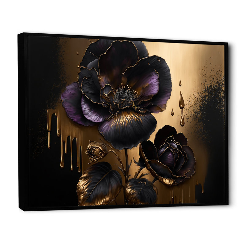 «Black and Gold Violets II» - art mural violet pour le salon, Cadre flottant noir, H 12 po x l 20 po x P 1 po