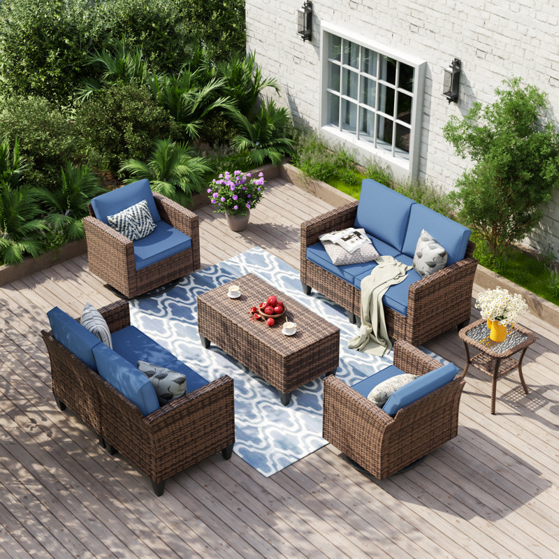 Ensemble de conversation en osier pour 6 personnes avec coussins et table Kisner, Bleu marine