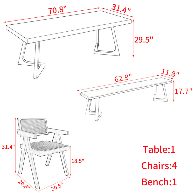 Modern simple style solid wood dining table set, 29.5"H x 70.8"L x 31.4"W