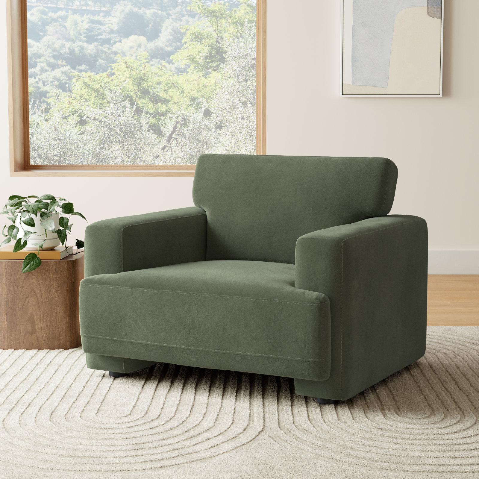 Ives 42'' Oversized Upholstered Armchair, Soren Olivine Performance Velvet