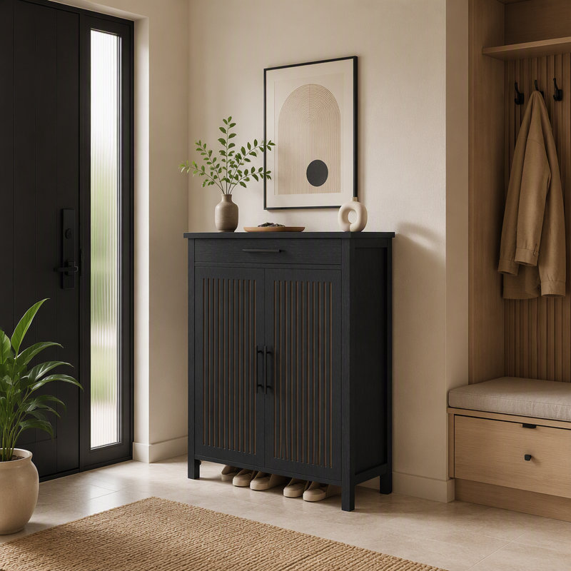 Armoire à chaussures rétro avec tablettes réglables et tiroir pour le rangement organisé du vestibule, Noir