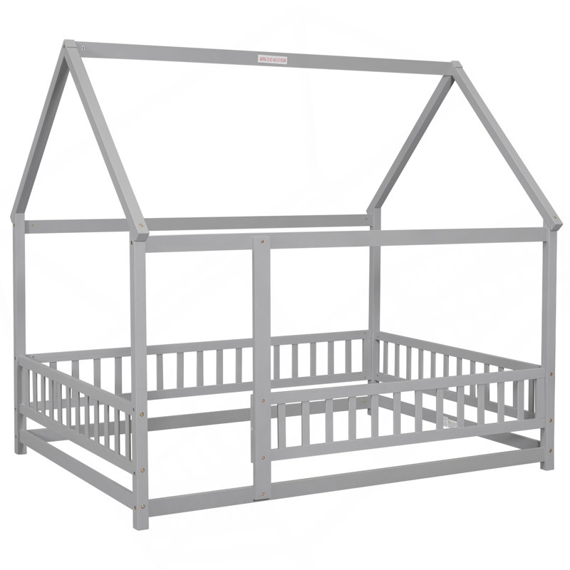 Lit en bois pleine grandeur avec cadre de toit de maison, barrières de sécurité, gris, Lit double
