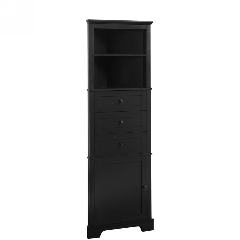 Grande armoire triangulaire noire à usage domestique - 3 tiroirs, tablettes réglables, poignées en métal tendance à l'eau, chic