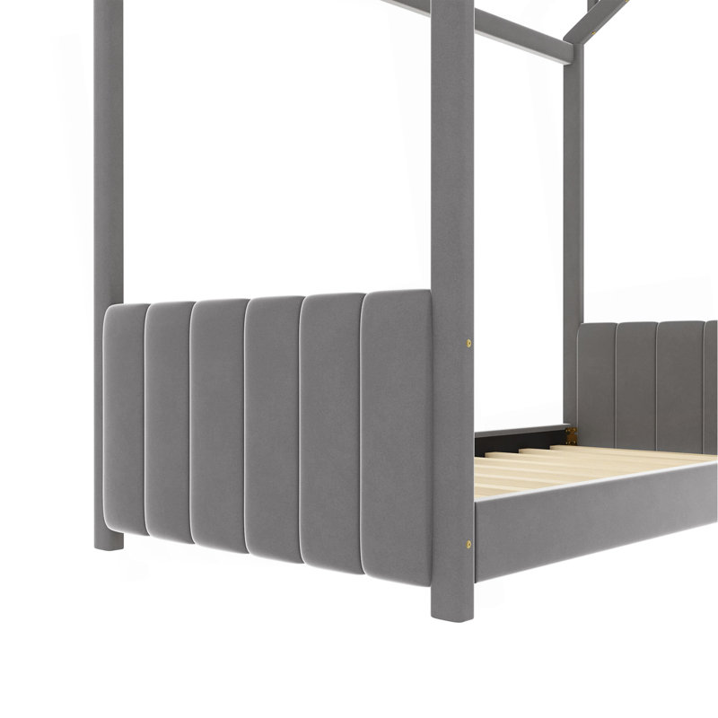 Lit simple en bois et velours, gris, Lit simple, Gris