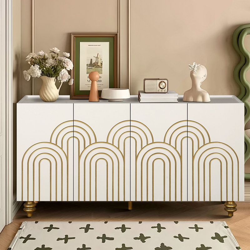 Buffet moderne cannelé avec rangement, élément courbe avec lignes strictes, armoire de rangement à 4 portes avec tablettes réglables pour la cuisine, la salle à manger et le salon