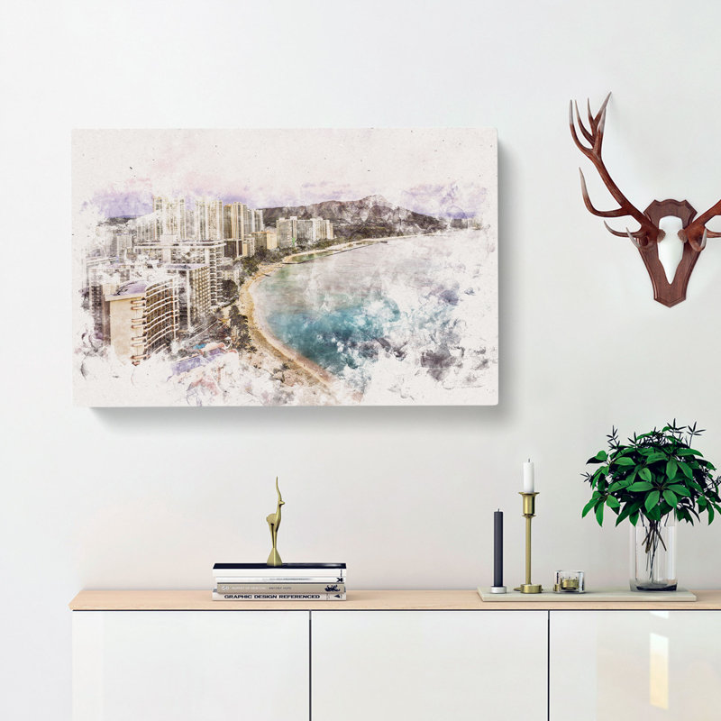 Dusk View Of Waikiki Beach - Wrapped Canvas Print, 35cm H x 50cm W x 3cm D