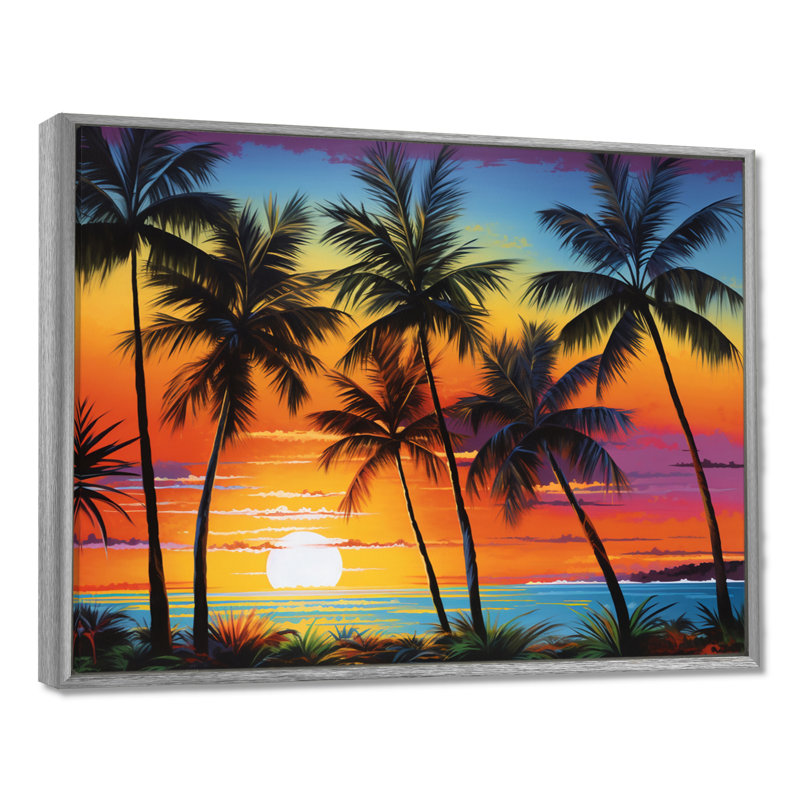 «Colorful Bold Palm Trees Landscape IV - Palmiers et palmiers», art encadré, H 16 po x l 32 po x P 1 po, Encadrement argenté