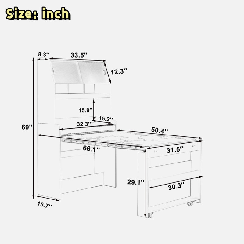 Buffet With Hutch And Foldable Dining Table, Storage Shelves, Side Hooks And A Cabinet With Sliding Doors