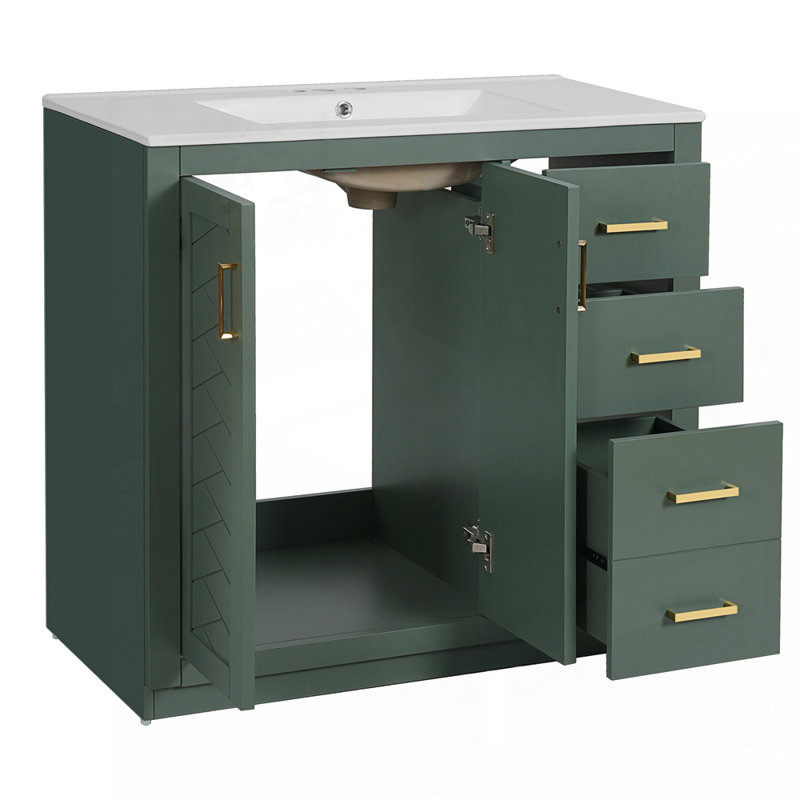 Meuble-lavabo de qualité supérieure avec lavabo en céramique et rangement abondant, Vert, 36"