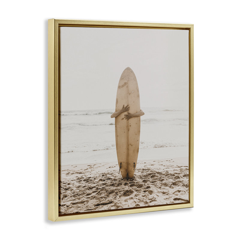 «Surf Ready Board», art mural encadré flottant par LSR Design Studio, H 21 po x l 17 po, Cadre flottant métallique doré