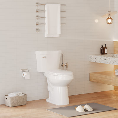 Elongated Two Piece Toilet 21 Inch Raised Seat Comfort Height Toilet Ceramic Construction with Excluded Lid Side Press Flush White