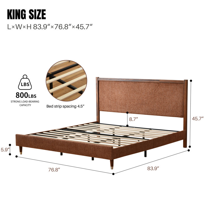 Wooden platform bed with upholstered base, Ocher, King