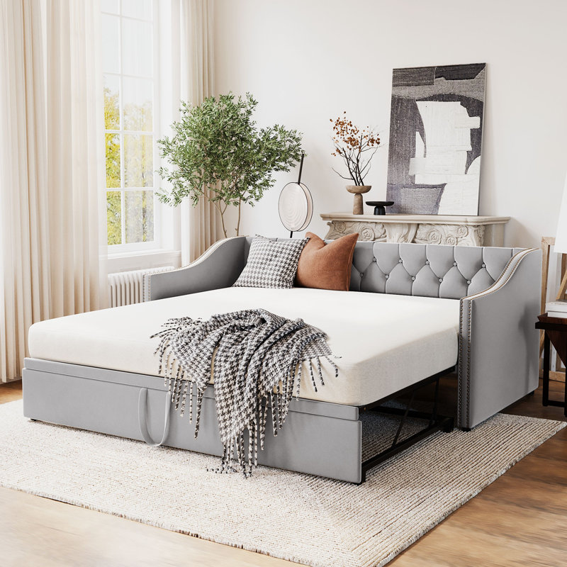 Twin Size Upholstered Daybed with Pop Up Trundle, Expandable to King, Velvet Fabric, No Box Spring Needed, Gray, Gray