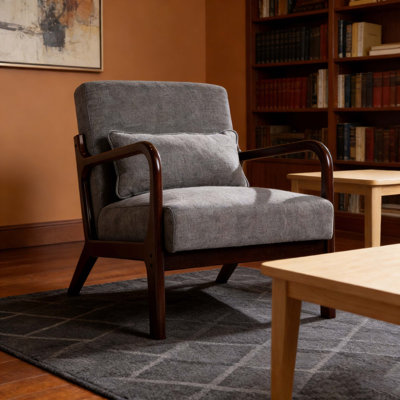 Mid Century Modern Armchair, Accent Chair With Solid Wood Frame And Detachable Lumbar Pillow For Living Room, Bedroom, Office(Antique Dark Grey)