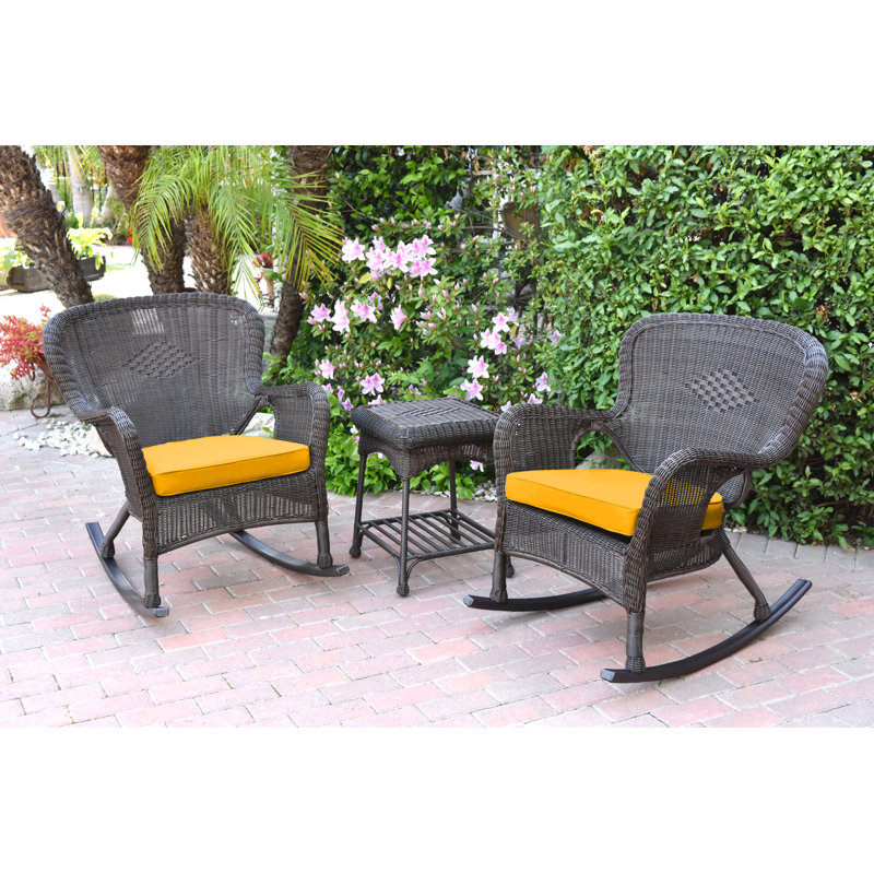 Chaise berçante en osier et table de bout avec coussins Windsor, Espresso, Bleu ciel