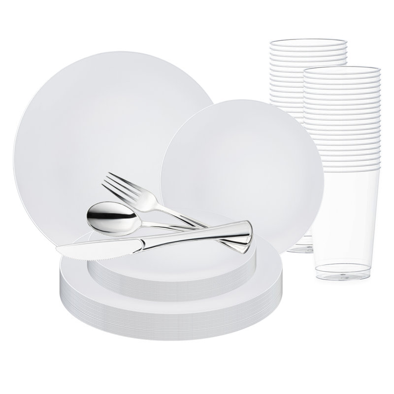 White with Silver Rim Organic Round Disposable Plastic Wedding Value Set - 60 Settings