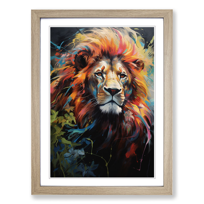 Lion Hard Edge - Single Picture Frame Print on Wood, 34cm H x 25cm W x 2cm D, Oak
