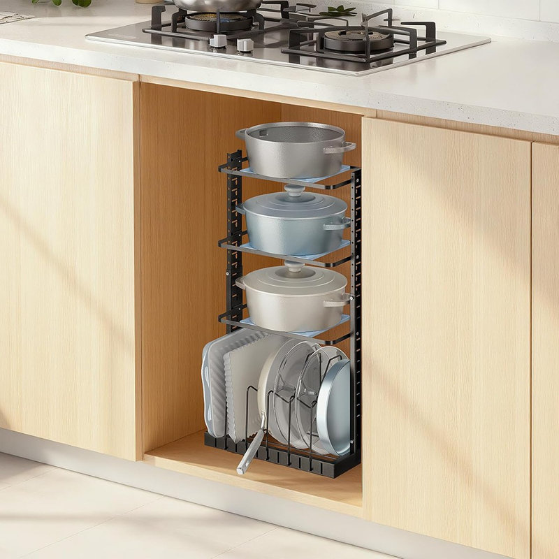 Support réglable réglable pour organisateur de casseroles et de poêles - sous l'armoire, peut contenir 9 ustensiles de cuisine, noir