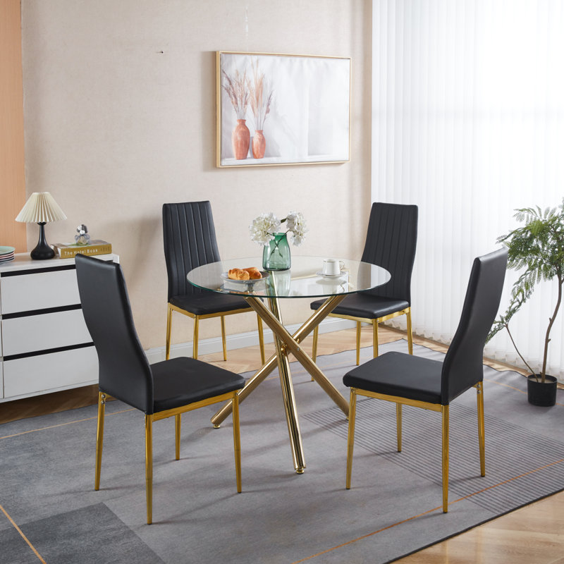 Ensemble de salle à manger 5 pièces avec plateau en verre, Doré, Gris