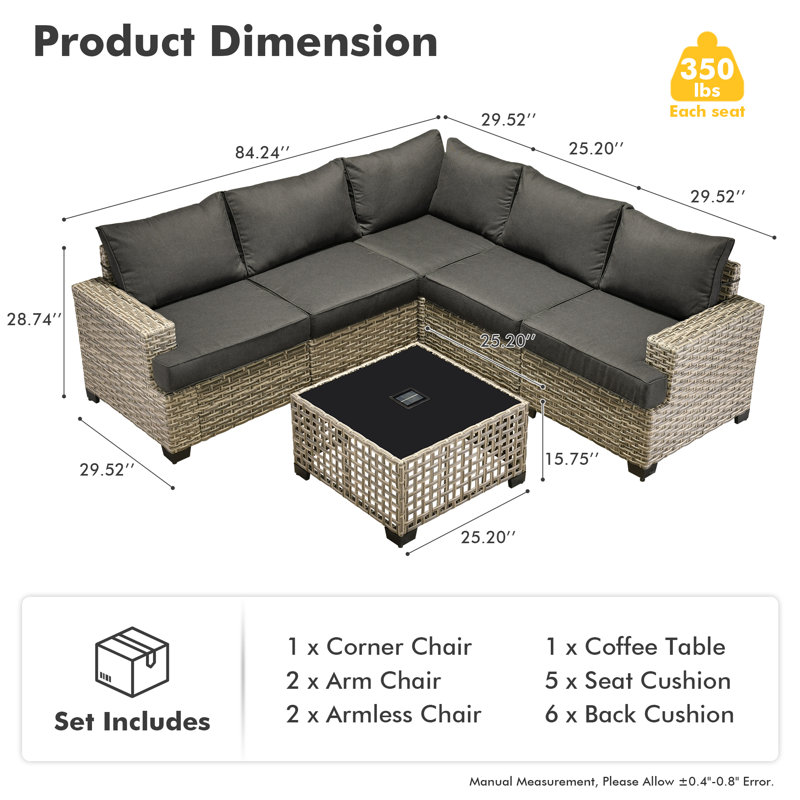 Ensemble de conversation modulaire en osier / rotin pour 5 personnes avec table basse lumineuse Wahkon, Noir