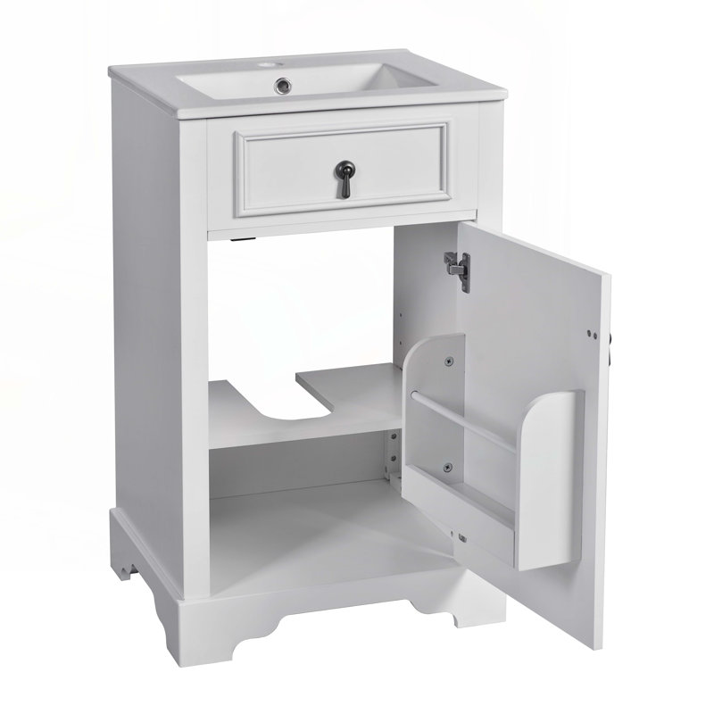 Meuble-lavabo de rangement avec lavabo en céramique, Blanc