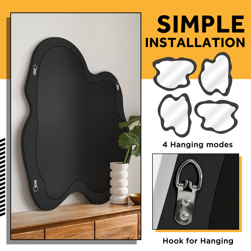 Miroir mural unique de forme irrégulière en bois, 32 po x 24 po, Noir, noir, noir, noir