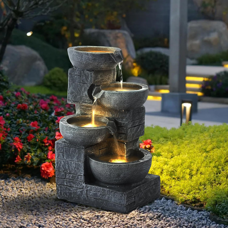 21.9" Outdoor Water Fountain With Led Lights, 4-tier Bowl And Stacked Stones Garden Fountain, Modern Cascading Waterfall Fountains For Garden, Patio, Backyard, Porch And Home Decor