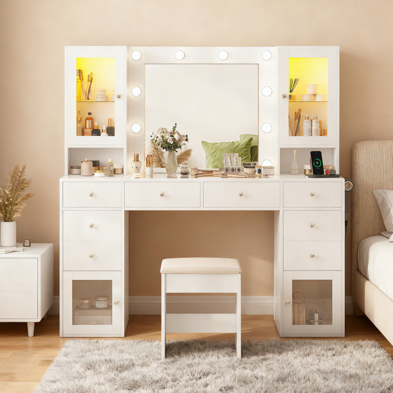 55" Large Makeup Vanity Desk With Mirror And Lights, Glass Top Vanity Table With Power Outlet & Lighted Glass Cabinet, Dressing Table With 3 Colors Lights For Bedroom Dressing Room, White
