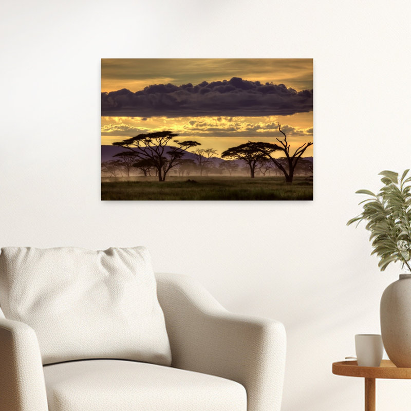 Art africain, paysage africain, savane, crépuscule, H 16 po x l 24 po