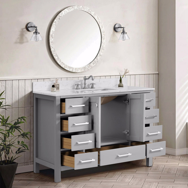 Meuble-lavabo autoportant avec comptoir, armoire de rangement en bois massif, Gris, 48"
