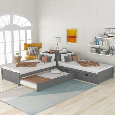 L-shaped Platform Bed with Trundle and Drawers Linked with built-in Desk