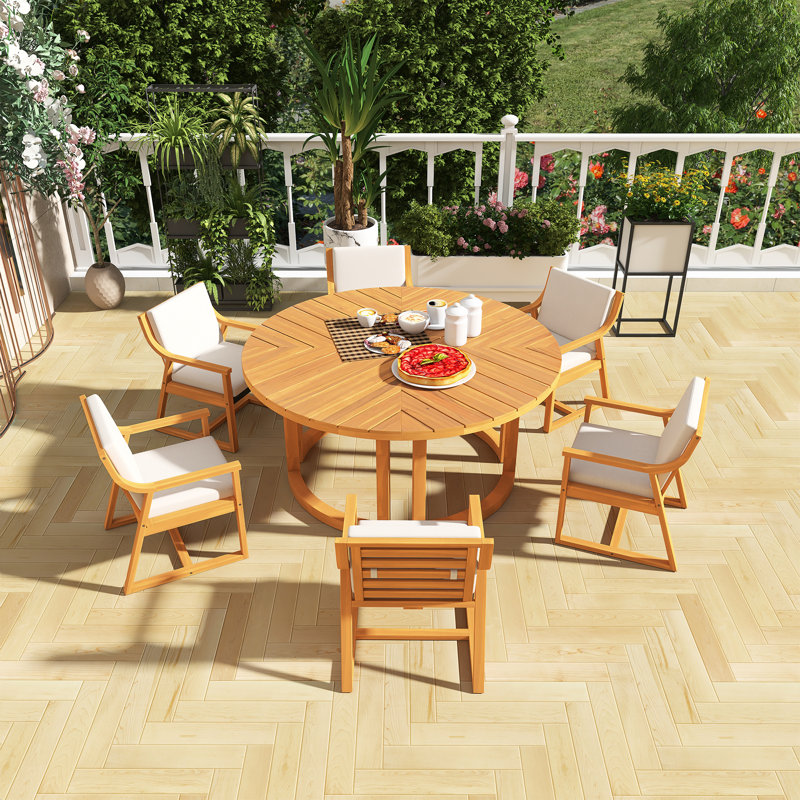 Ensemble de salle à manger 7 pièces pour l'extérieur, table en bois massif avec 6 chaises rembourrées, style rustique avec trou pour parasol, convient aux jardins et aux patios