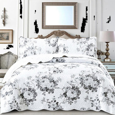 Printed Bedspread Set Floral Pattern with Matching Pillow Shams, Soft Microfiber Coverlet, Lightweight & All-Season Bedding