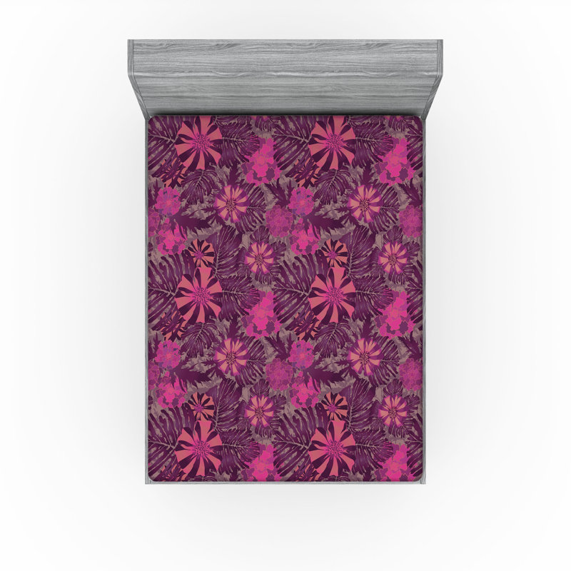 Drap-housse Ambesonne, Magenta et rose séchée / motif floral corail, Drap-housse très grand californien