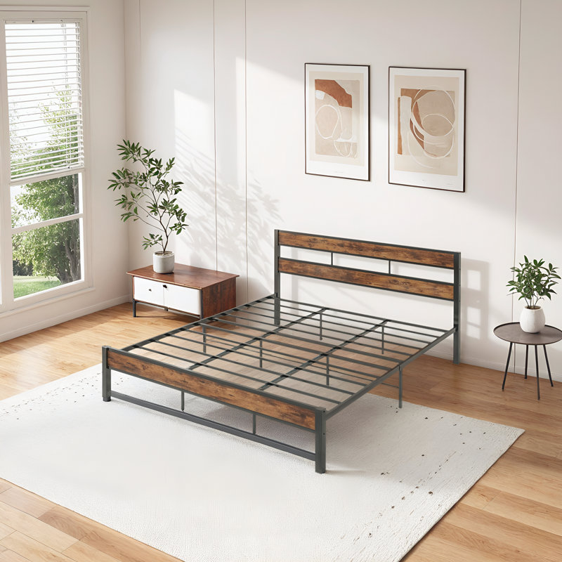 King Bed Frame And Headboard, Easy Assembly, Noise-free, No Box Spring Needed, Heavy Strong Metal Support Frames, Double-row Support Bars, Rustic Brown