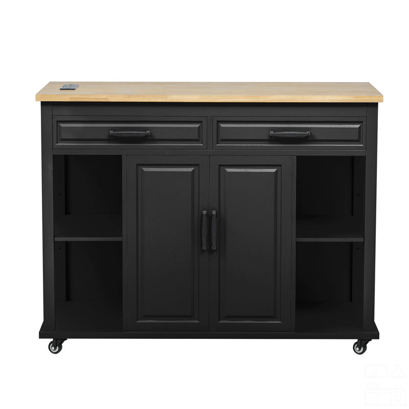 47 Inch Kitchen Island With Extendable Dining Table, Rubber Wood Veneer Kitchen Table With Internal Storage Rack, Power Outlet, Kitchen Island With Storage 2 Drawers 2 Cabinet
