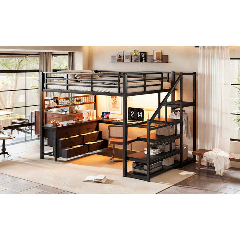 Grand lit mezzanine avec bureau, lit mezzanine avec tiroirs et escalier de rangement, structure de lit mezzanine en métal robuste pour les adolescents et les adultes, mobilier de chambre multifonctionnel tout-en-un, noir